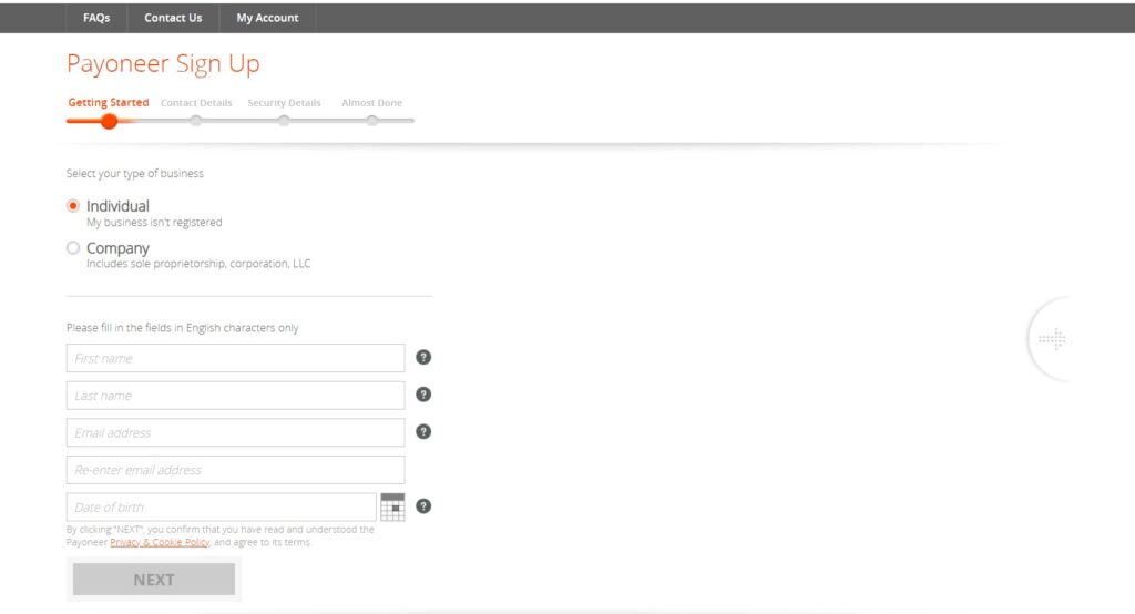how to create payoneer account